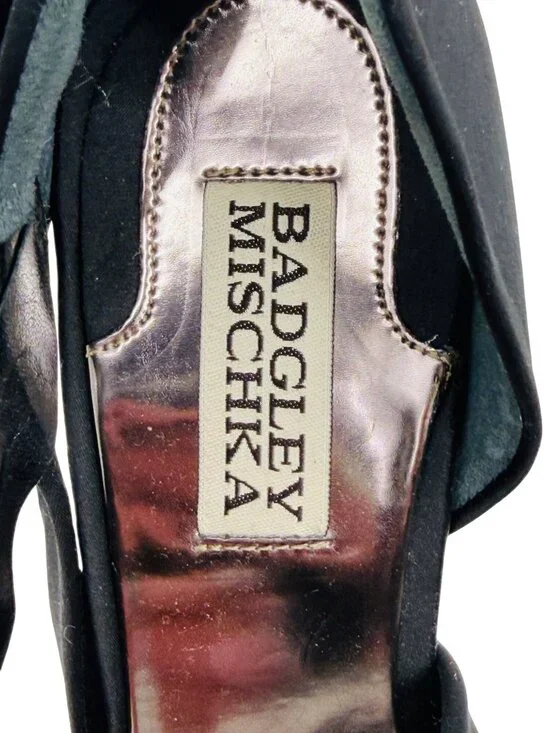 Badgley Mischka Black Satin Rhinestone Bow Heels 6 | dOrsay Formal Evening Shoes - Picture 11 of 16